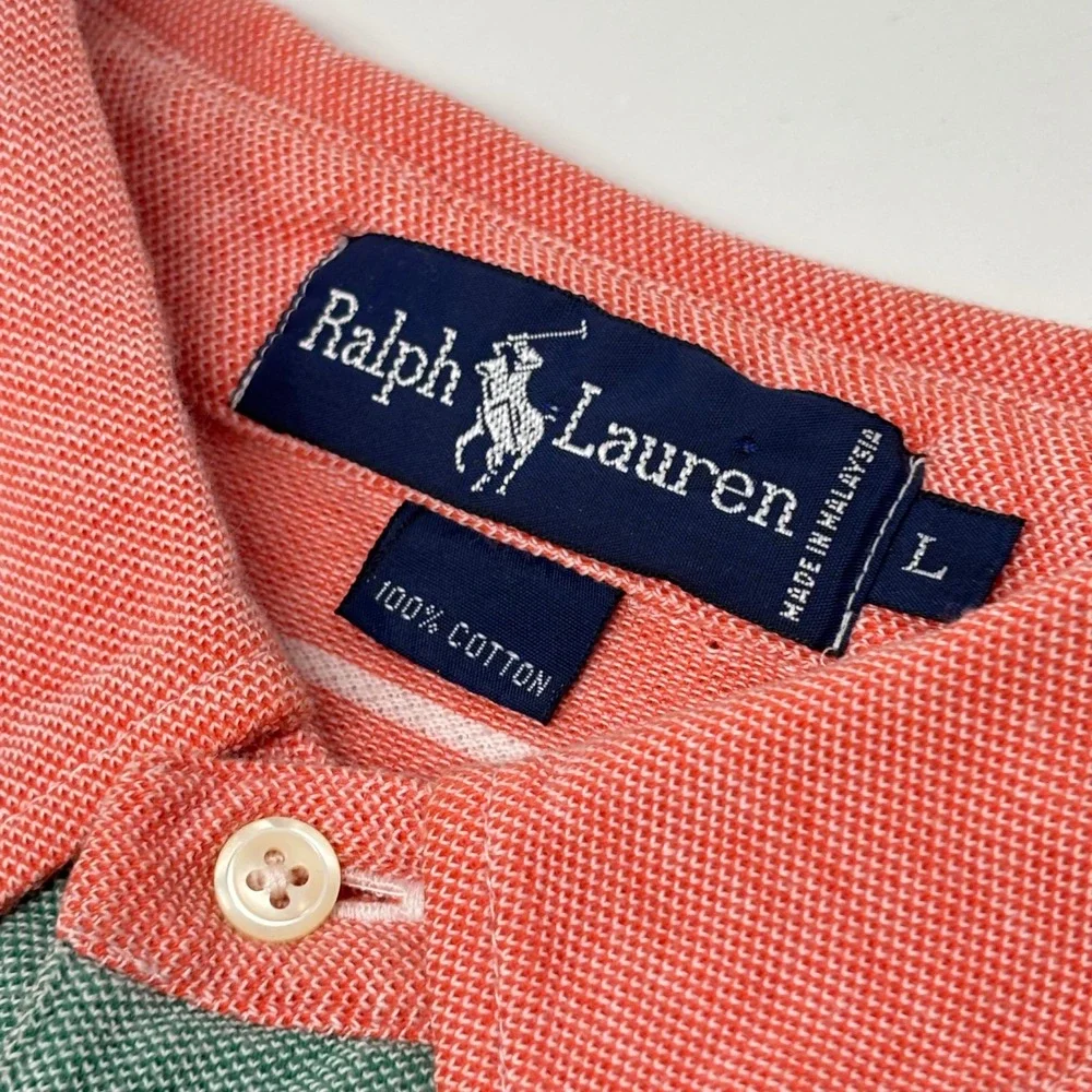 Ralph Lauren Polo Shirt Men's Large Coral Green Stripe Piqué Mesh Cotton